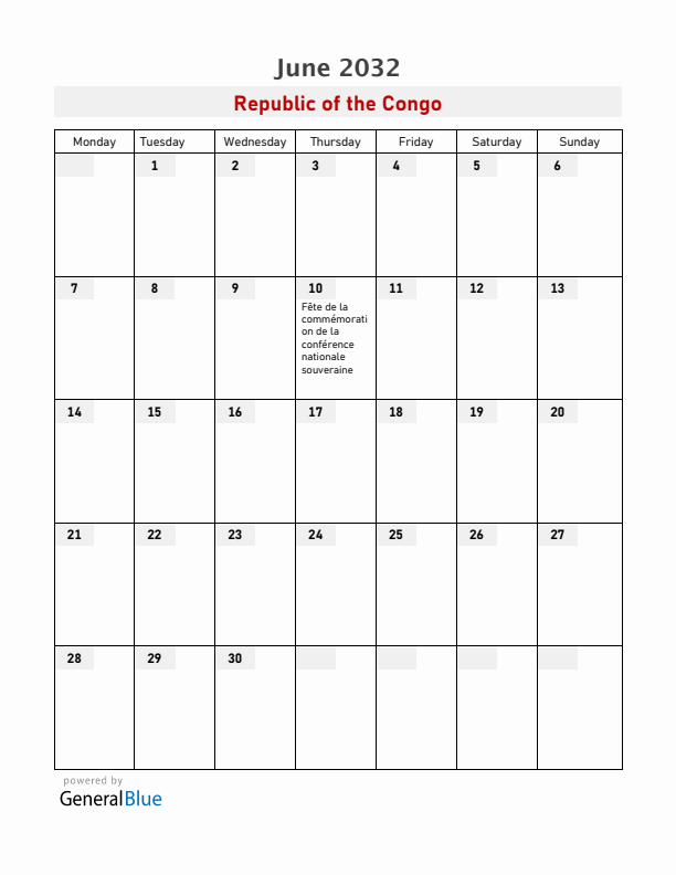 Republic of the Congo June 2032 Calendar with Holidays