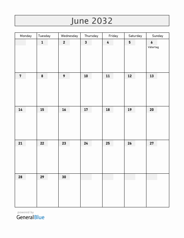 Switzerland June 2032 Calendar with Holidays