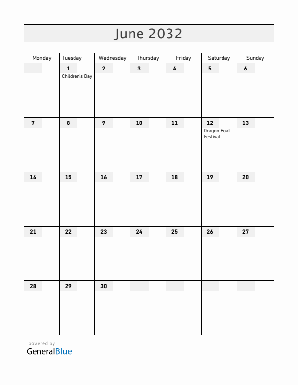 China June 2032 Calendar with Holidays