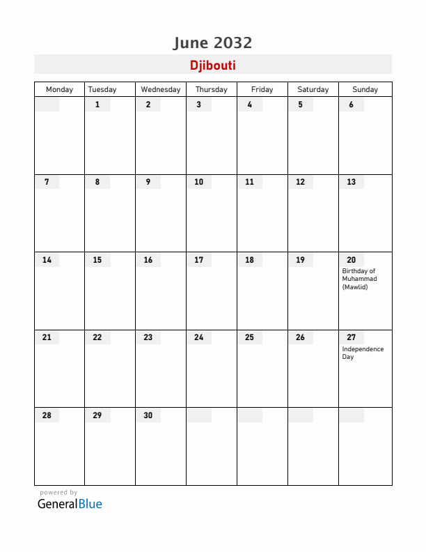 Djibouti June 2032 Calendar with Holidays