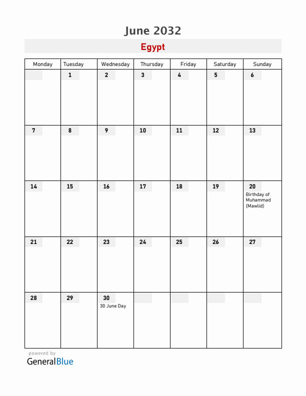 Egypt June 2032 Calendar with Holidays
