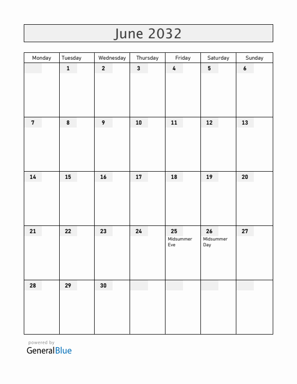 Finland June 2032 Calendar with Holidays