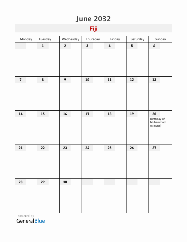 Fiji June 2032 Calendar with Holidays