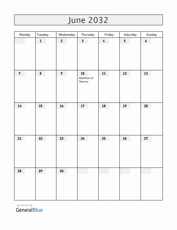 French Guiana June 2032 Calendar with Holidays