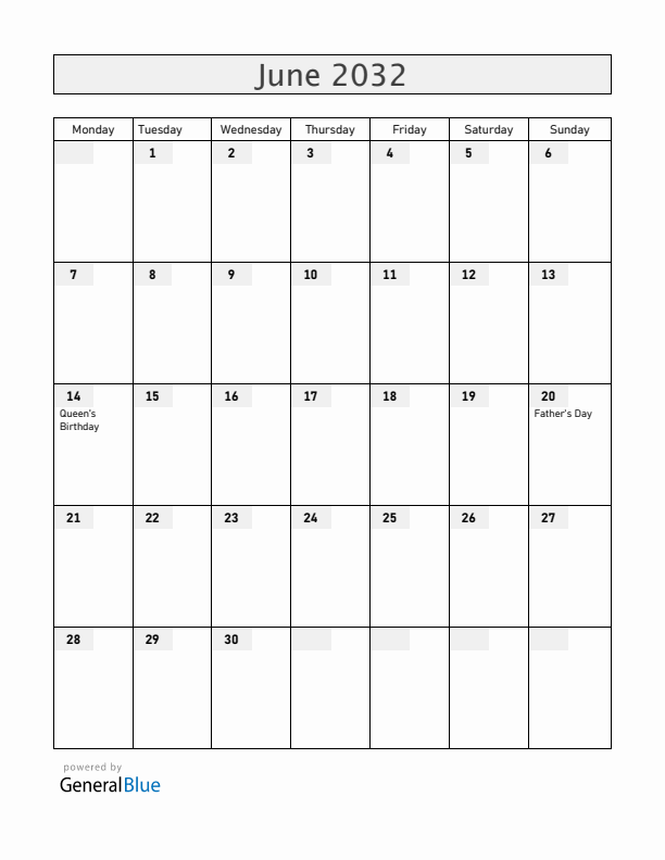 Gibraltar June 2032 Calendar with Holidays