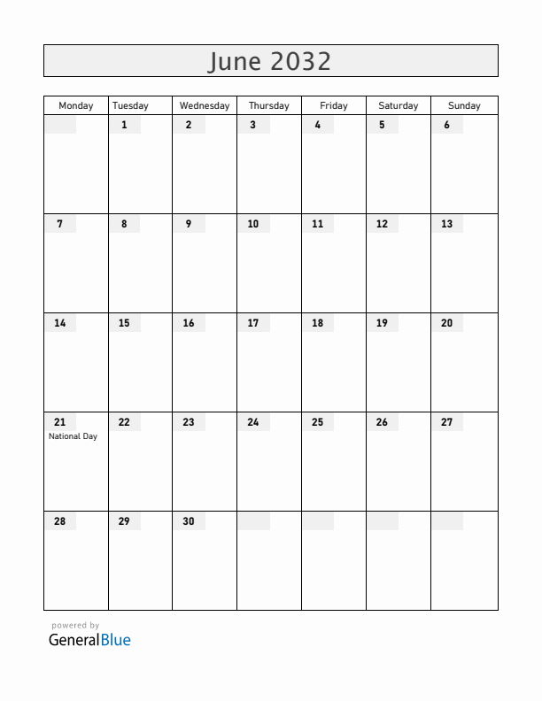 Greenland June 2032 Calendar with Holidays