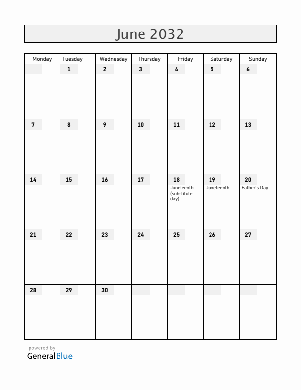 Guam June 2032 Calendar with Holidays