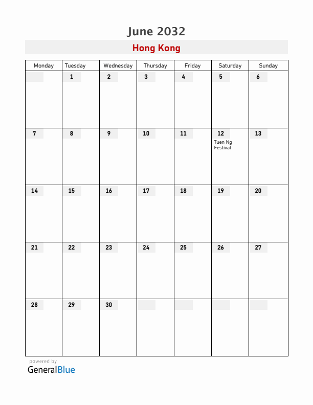 Hong Kong June 2032 Calendar with Holidays
