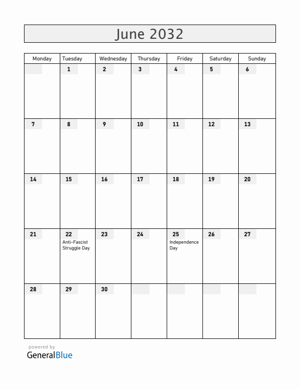 Croatia June 2032 Calendar with Holidays