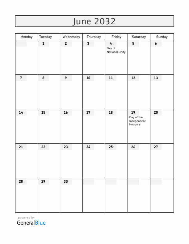 Hungary June 2032 Calendar with Holidays