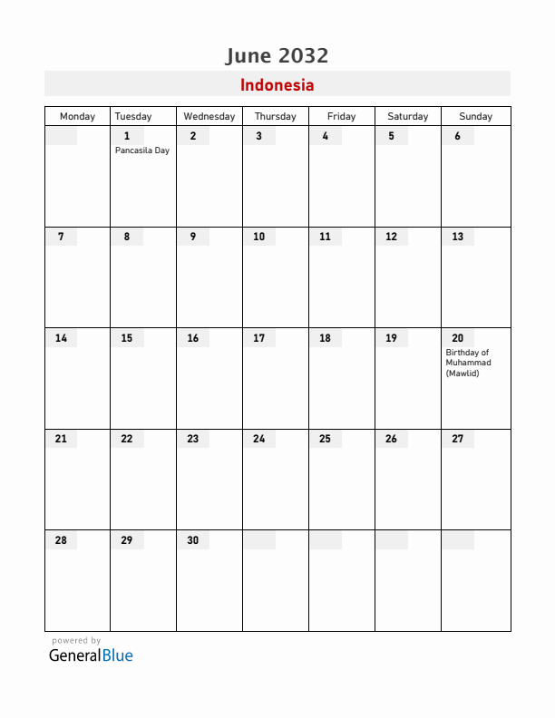 Indonesia June 2032 Calendar with Holidays