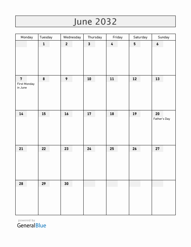 Ireland June 2032 Calendar with Holidays