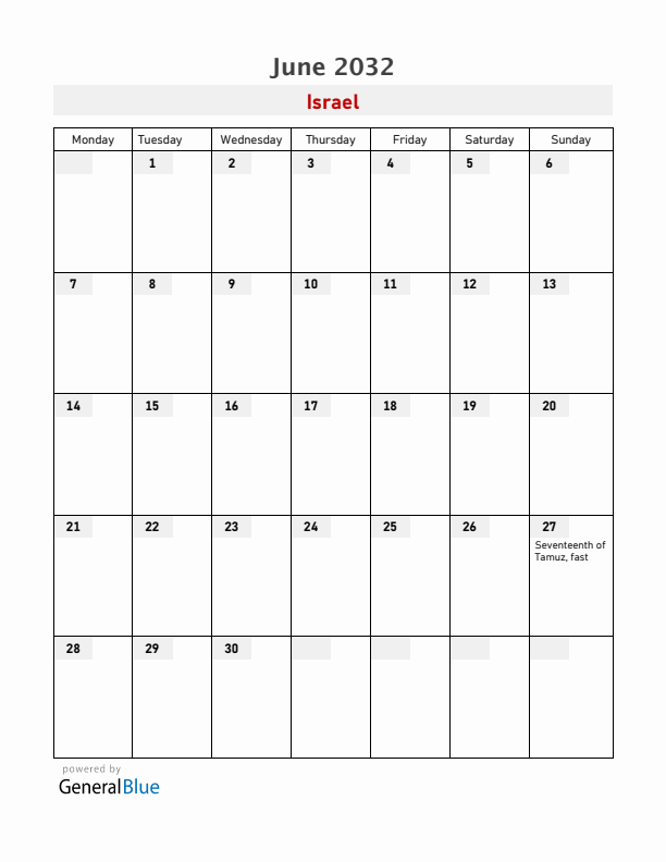Israel June 2032 Calendar with Holidays