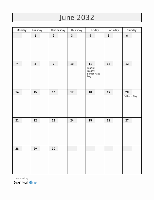 Isle of Man June 2032 Calendar with Holidays