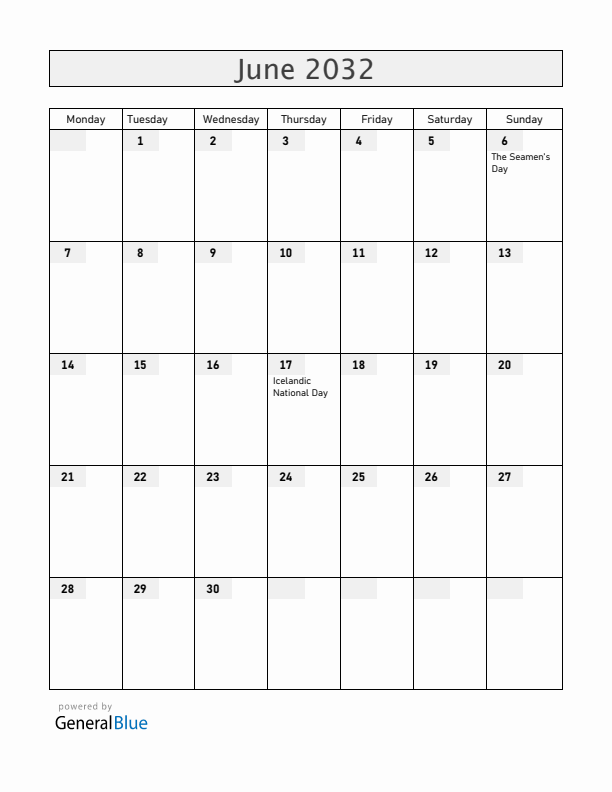 Iceland June 2032 Calendar with Holidays
