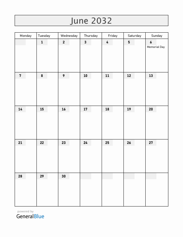 South Korea June 2032 Calendar with Holidays