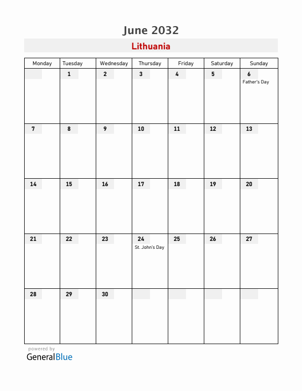 Lithuania June 2032 Calendar with Holidays