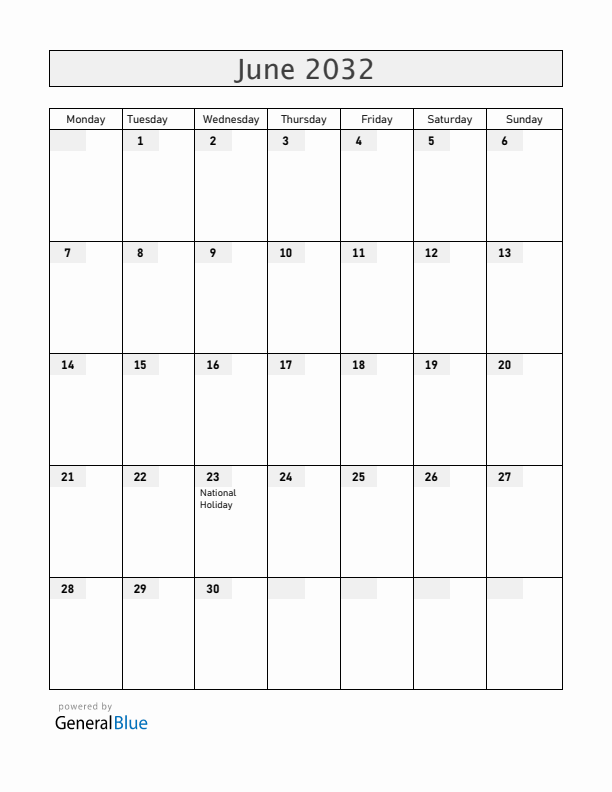 Luxembourg June 2032 Calendar with Holidays