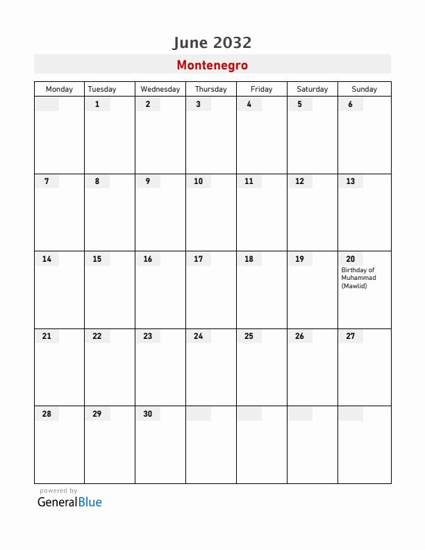 Montenegro June 2032 Calendar with Holidays