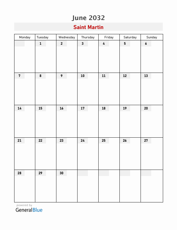 Saint Martin June 2032 Calendar with Holidays
