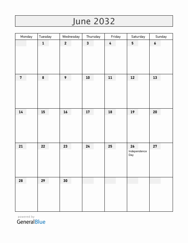 Madagascar June 2032 Calendar with Holidays