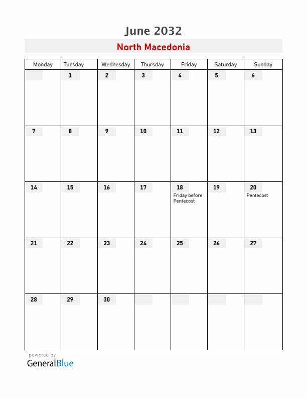 North Macedonia June 2032 Calendar with Holidays