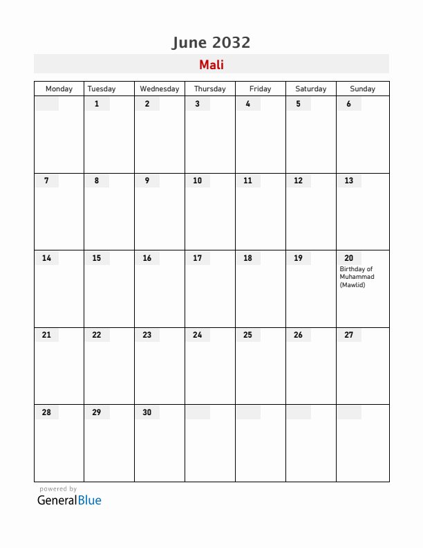 Mali June 2032 Calendar with Holidays