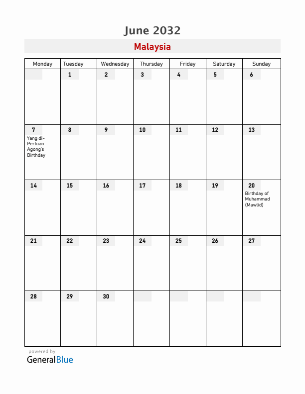 Malaysia June 2032 Calendar with Holidays
