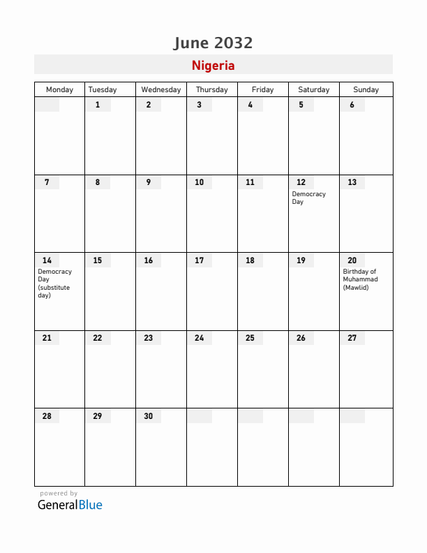 Nigeria June 2032 Calendar with Holidays