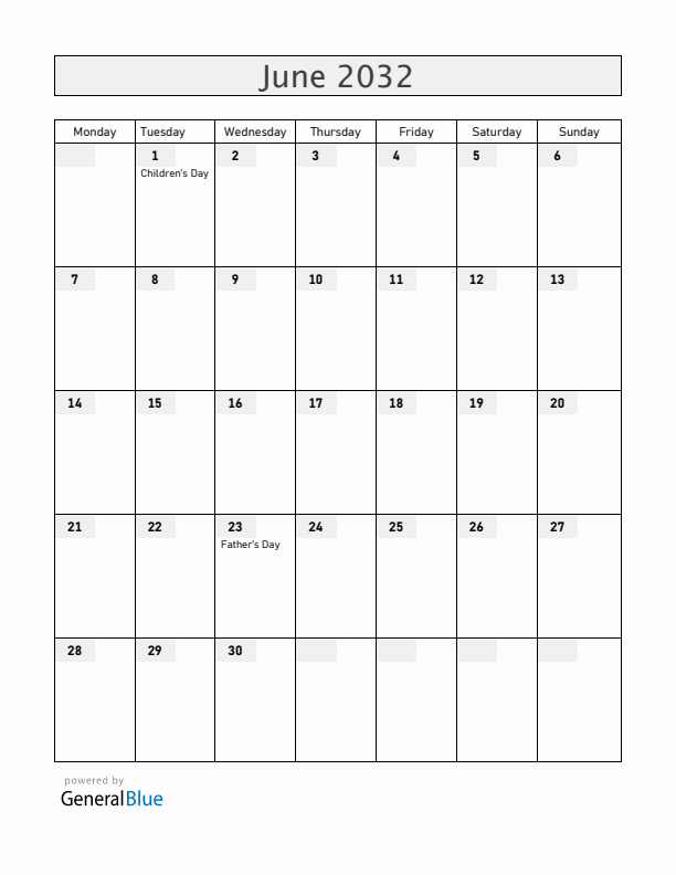 Nicaragua June 2032 Calendar with Holidays