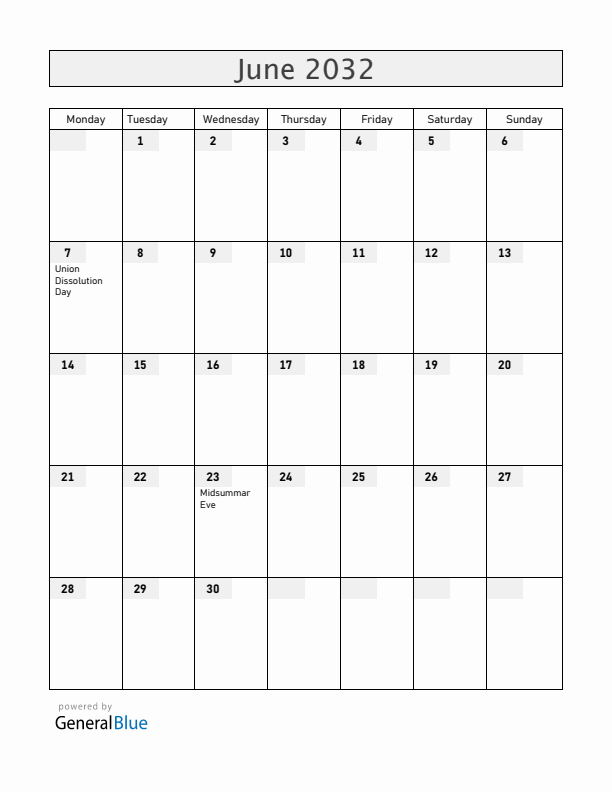 Norway June 2032 Calendar with Holidays