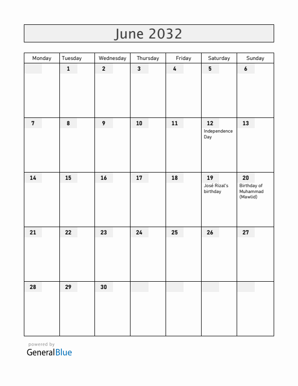 Philippines June 2032 Calendar with Holidays