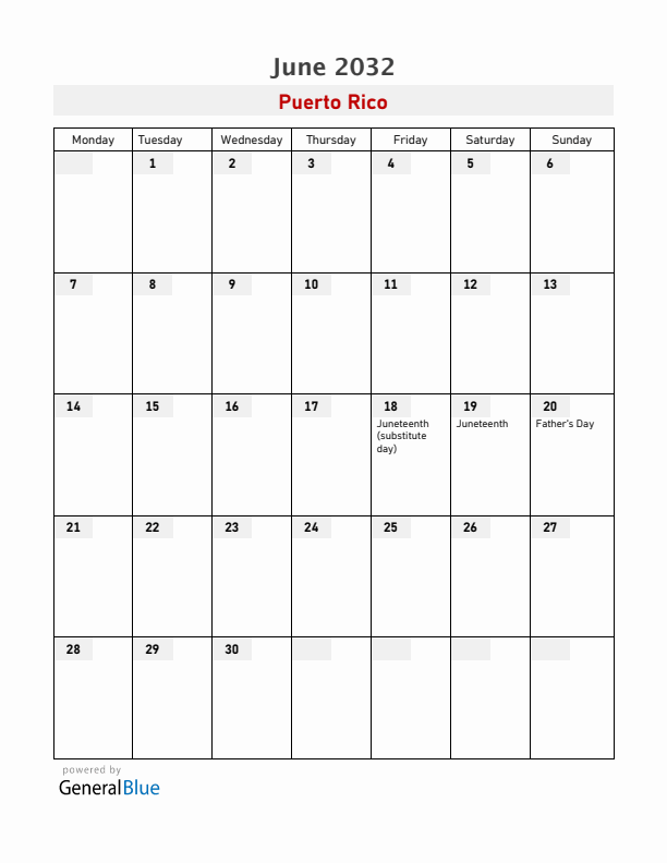 Puerto Rico June 2032 Calendar with Holidays