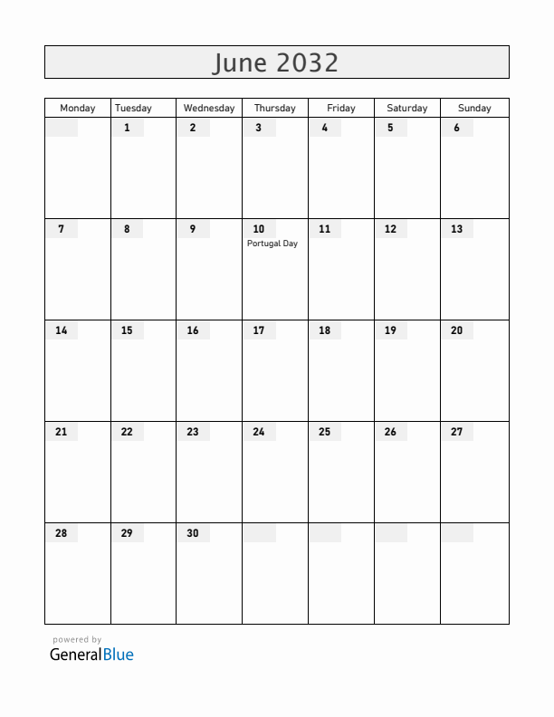 Portugal June 2032 Calendar with Holidays