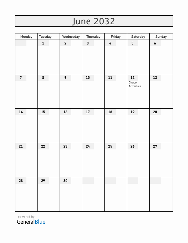 Paraguay June 2032 Calendar with Holidays