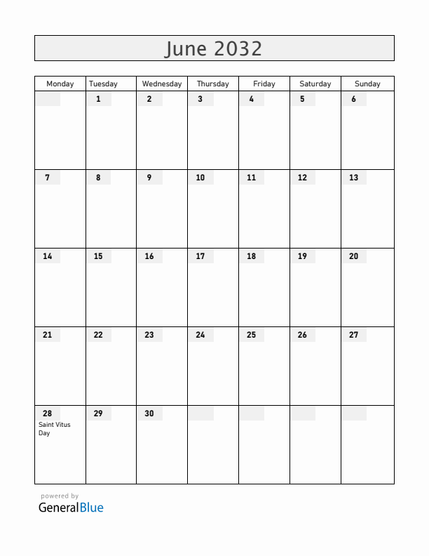 Serbia June 2032 Calendar with Holidays