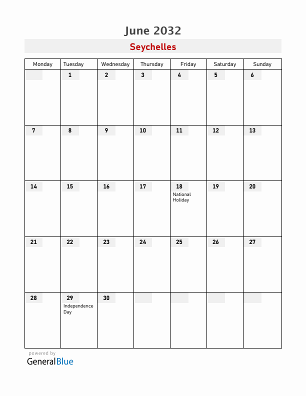 Seychelles June 2032 Calendar with Holidays