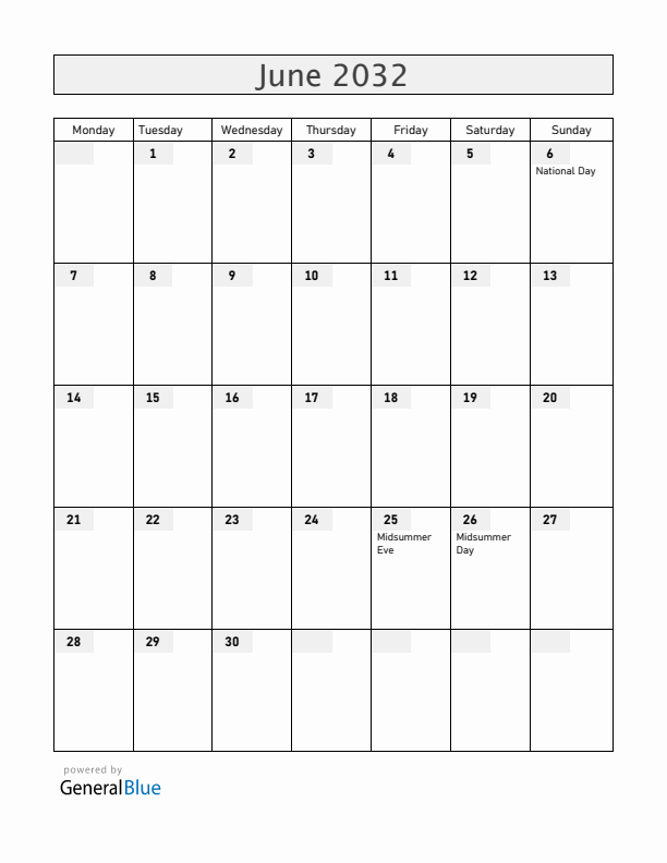 Sweden June 2032 Calendar with Holidays