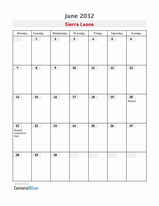 Sierra Leone June 2032 Calendar with Holidays