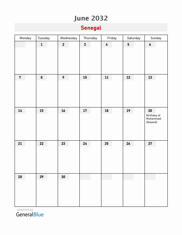 Senegal June 2032 Calendar with Holidays
