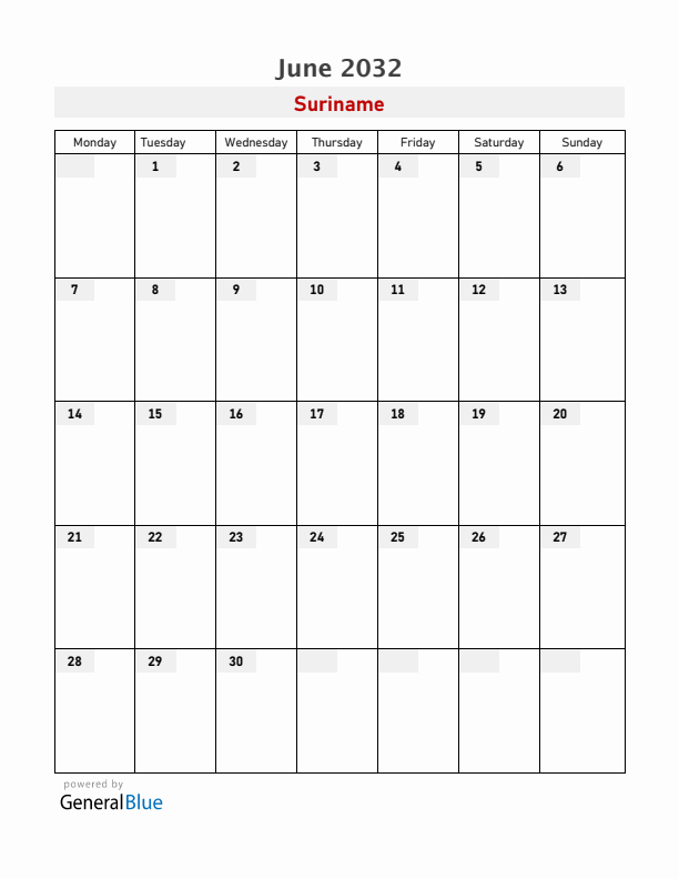 Suriname June 2032 Calendar with Holidays