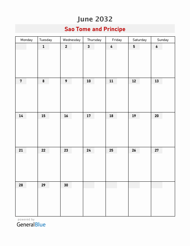 Sao Tome and Principe June 2032 Calendar with Holidays