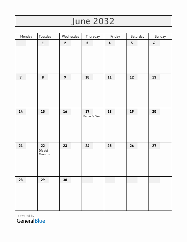 El Salvador June 2032 Calendar with Holidays