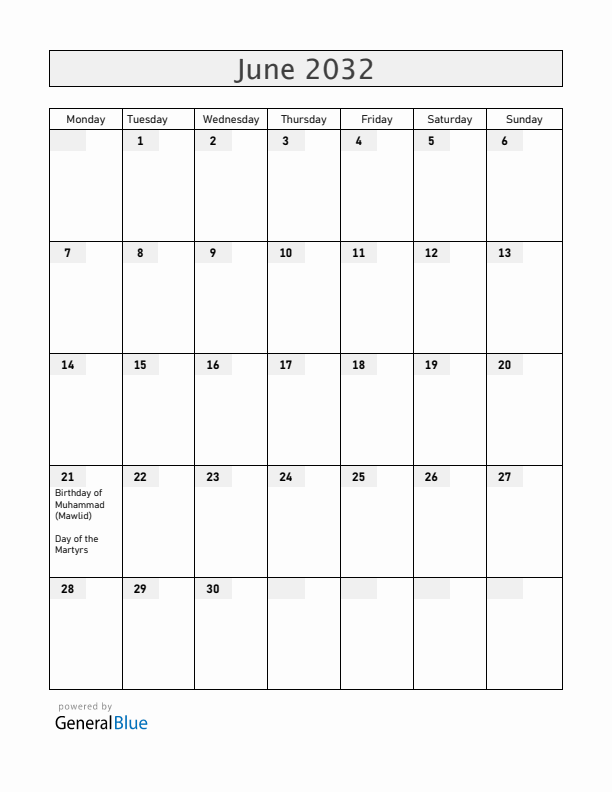 Togo June 2032 Calendar with Holidays