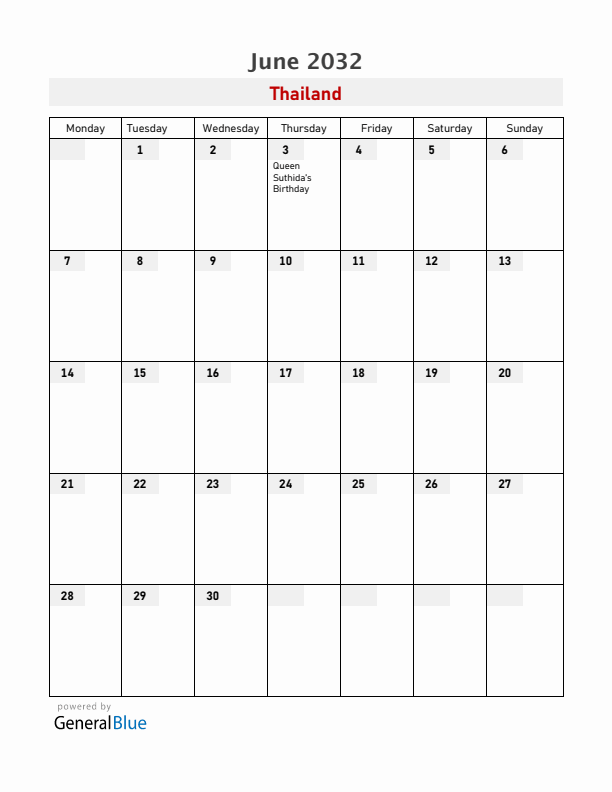 Thailand June 2032 Calendar with Holidays