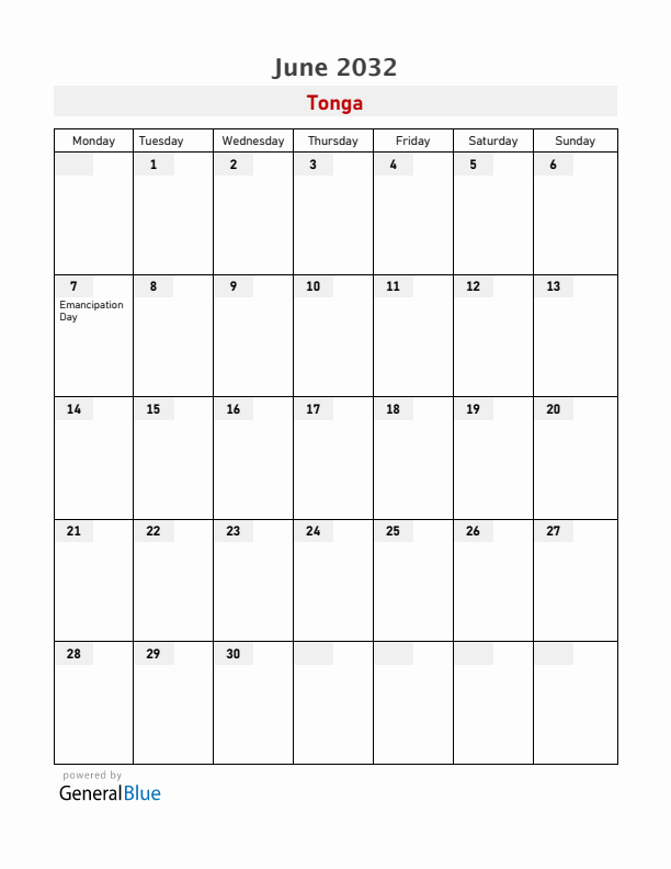 Tonga June 2032 Calendar with Holidays