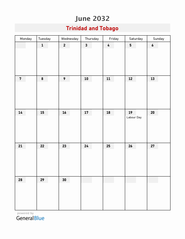 Trinidad and Tobago June 2032 Calendar with Holidays