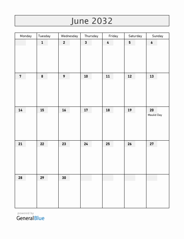 Tanzania June 2032 Calendar with Holidays