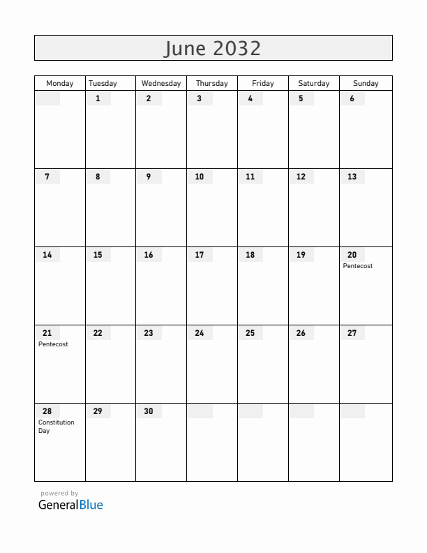 Ukraine June 2032 Calendar with Holidays