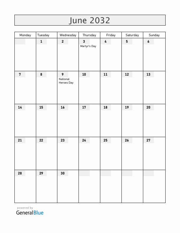 Uganda June 2032 Calendar with Holidays